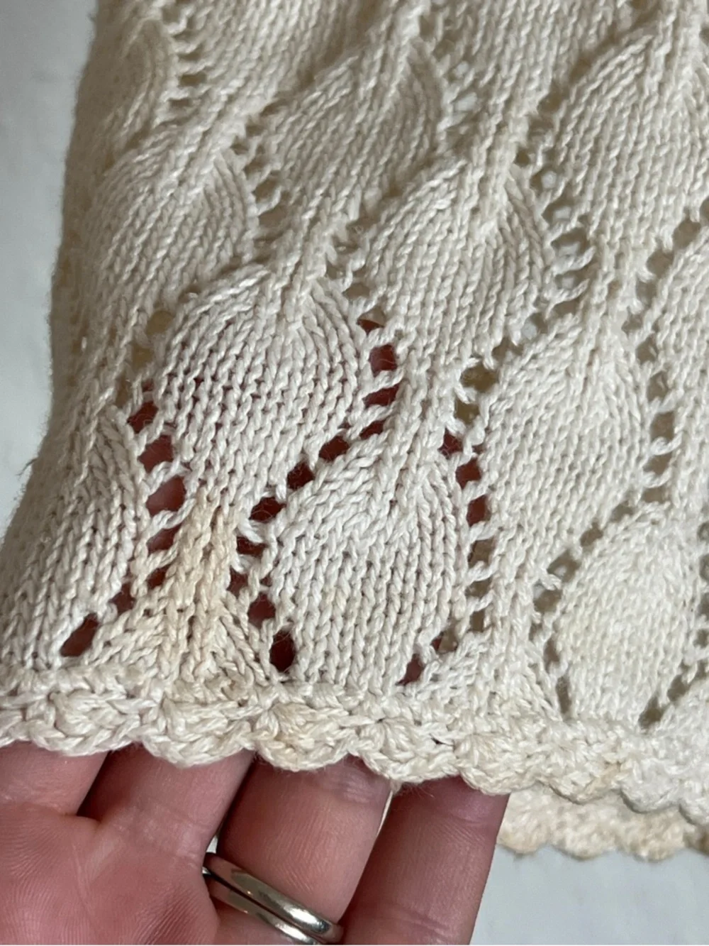 Vintage White Stag Cotton Ramie Crochet Knit Open Front Long Cardigan Small Pet